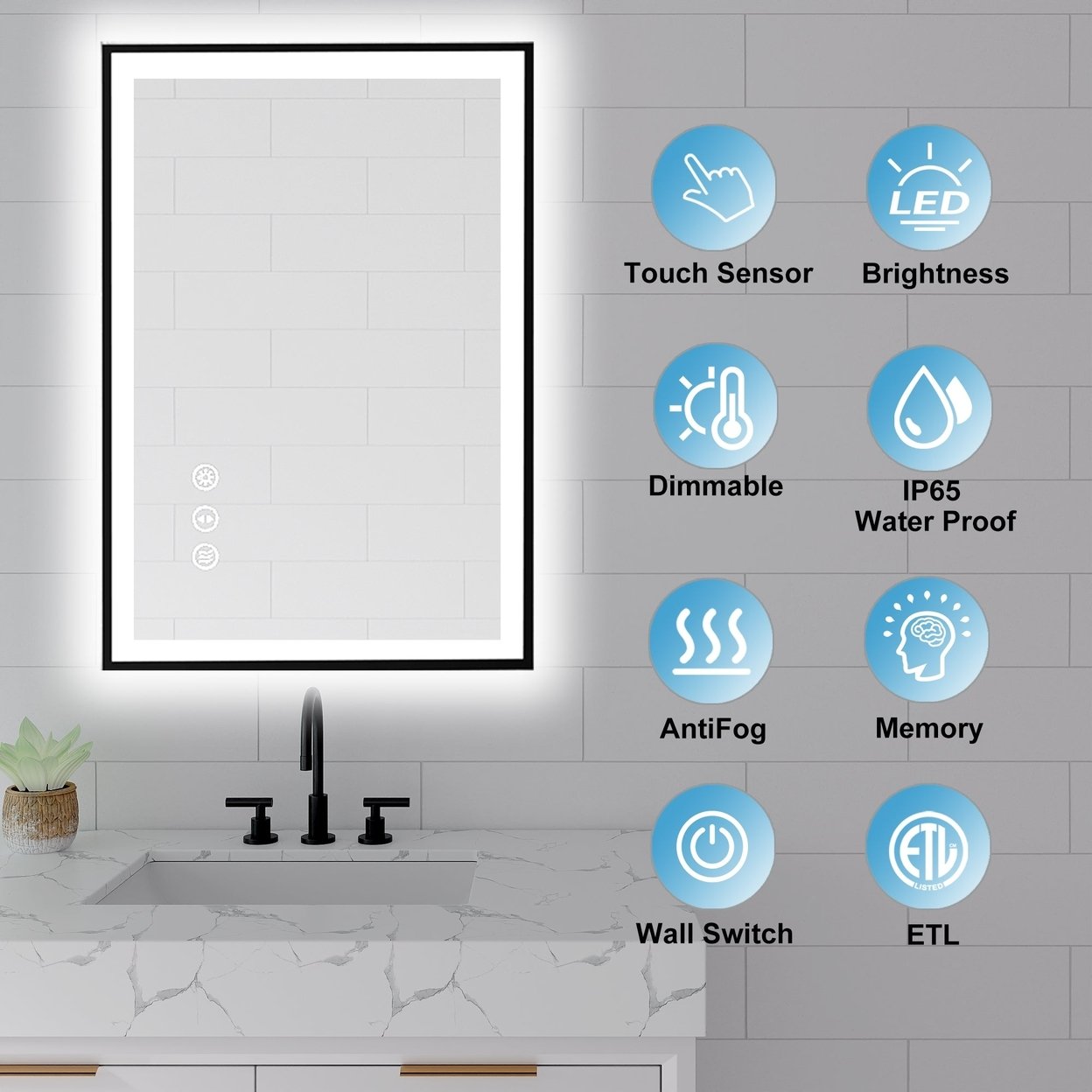 Apex-Noir 48x32 Framed LED Lighted Bathroom Mirror