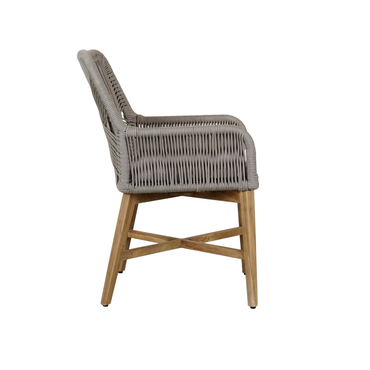Navi 25 Inch Outdoor Dining Chair, Woven Rope, Ash Gray, Brown Teak Wood -Saltoro Sherpi