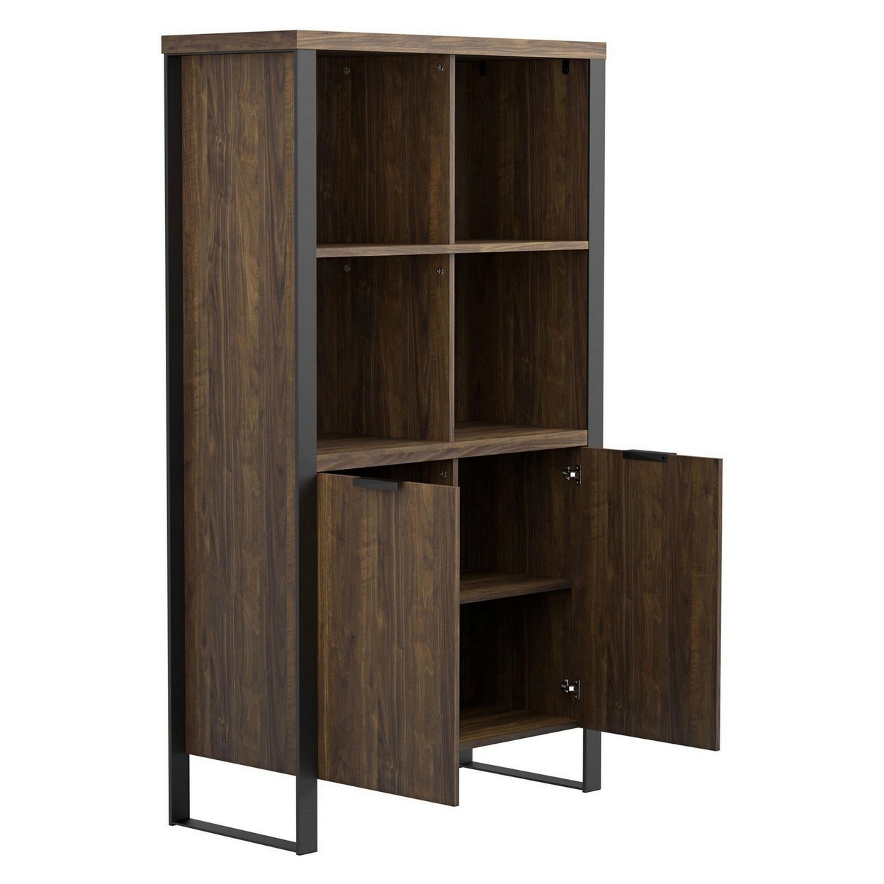 Wooden Bookcase With 2 Doors And Metal Frame, Brown And Black- Saltoro Sherpi