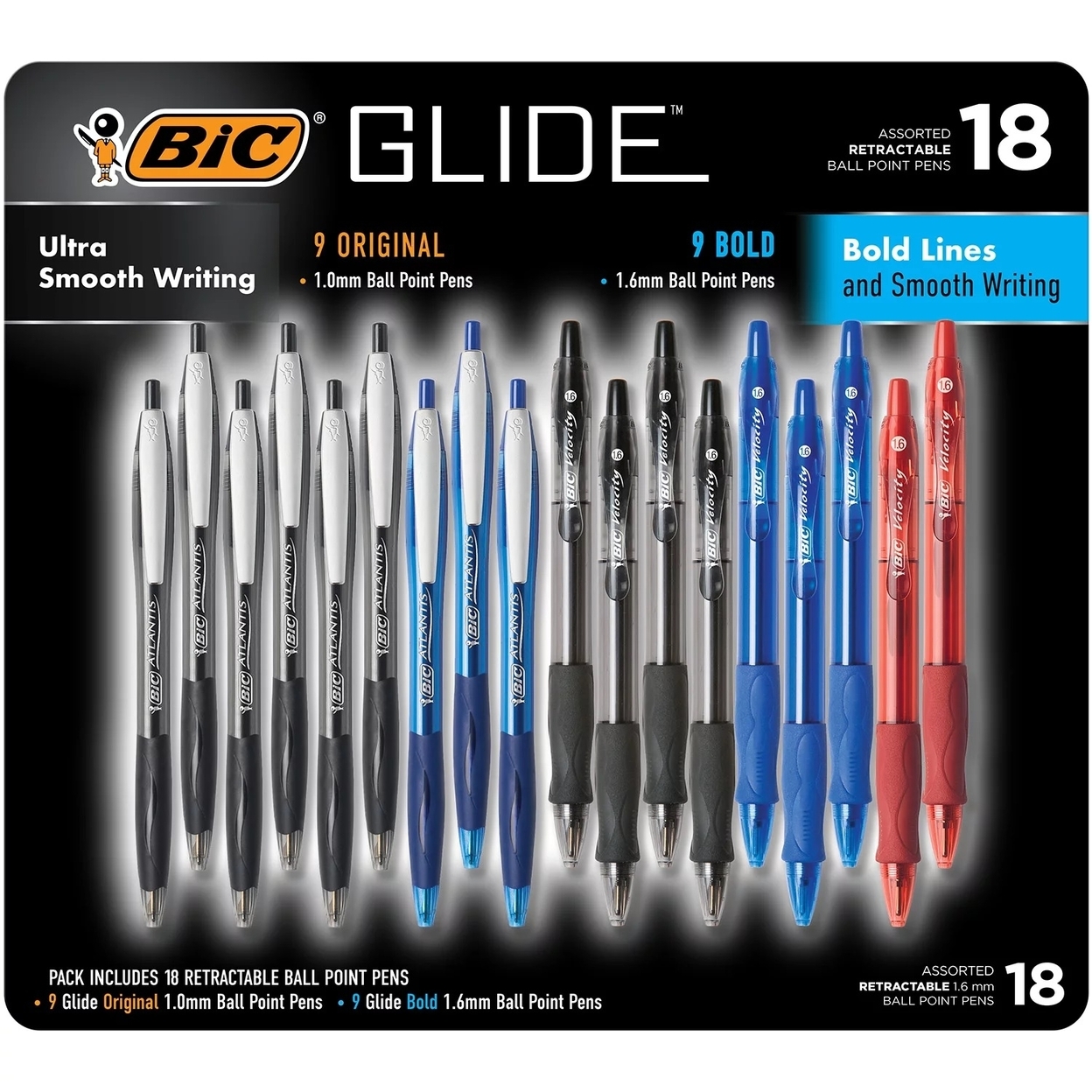 BIC Glide Retractable Ball Pens, Assorted Colors (18 Count)