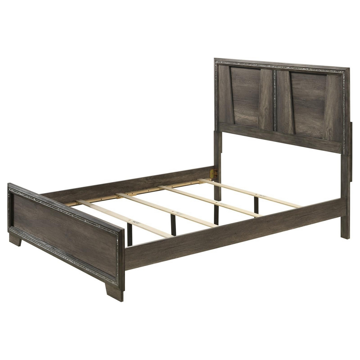 Janie King Size Bed With Glittering Strips, V Shaped Panel, Pine, Gray Oak- Saltoro Sherpi