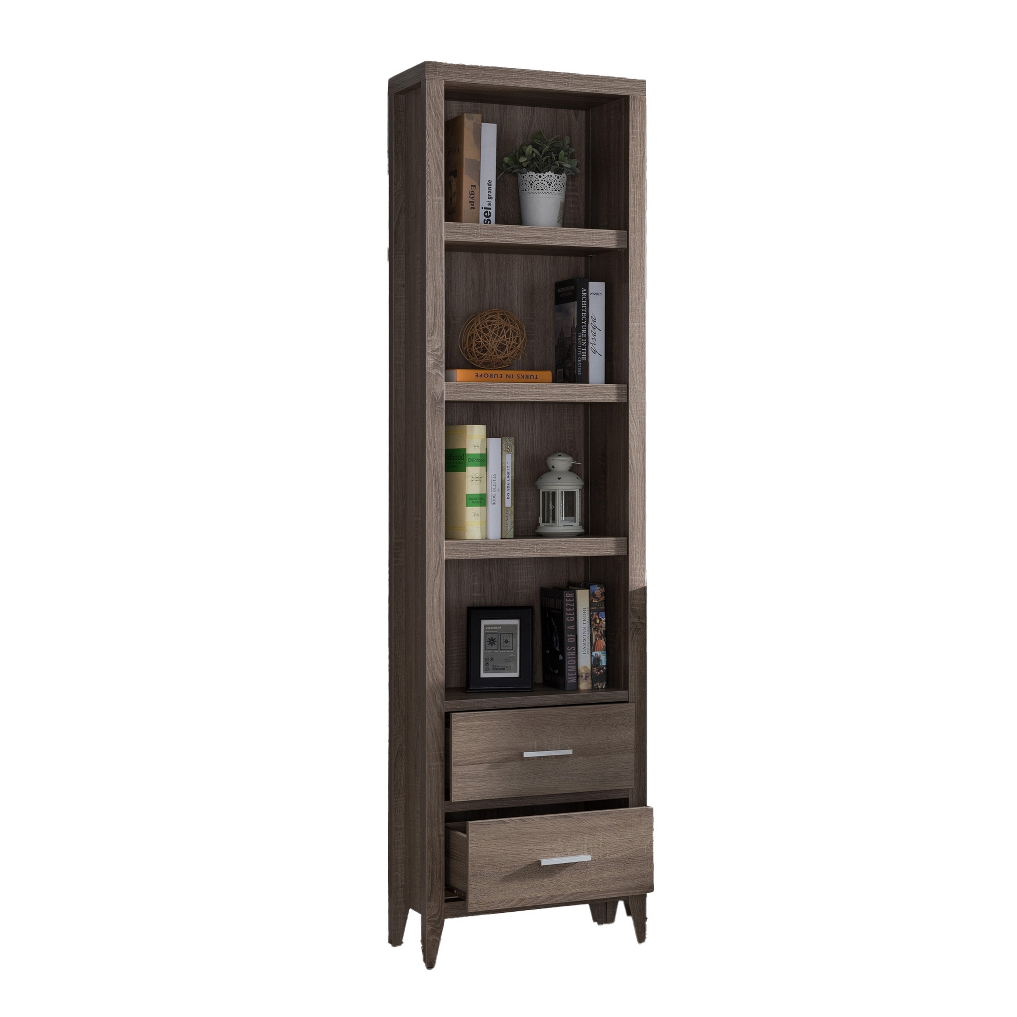 Wooden Media Tower With Four Open Shelves And Two Drawers, Dark Taupe Brown- Saltoro Sherpi