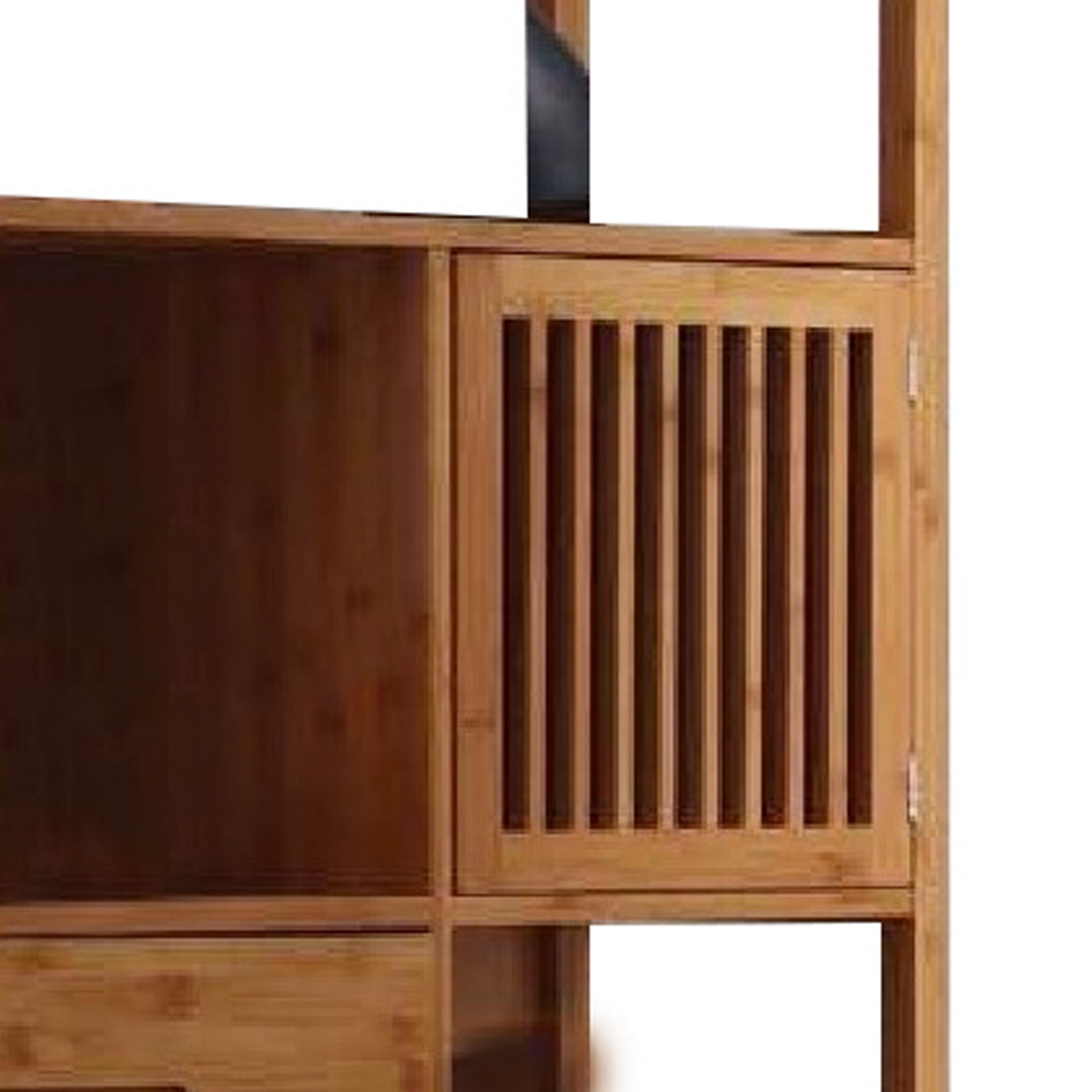 Axa 68 Inch Bamboo Left Facing Open Bookcase, 2 Cubbies, Shelves, Brown- Saltoro Sherpi