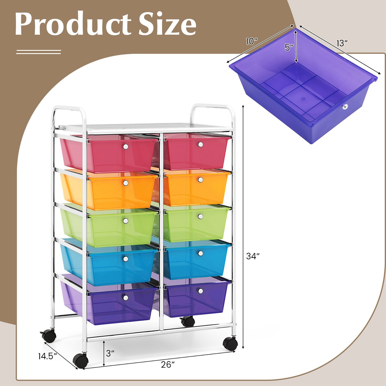 10-Drawer Rolling Storage Cart Tools Scrapbook Paper Organizer On Wheels Rainbow