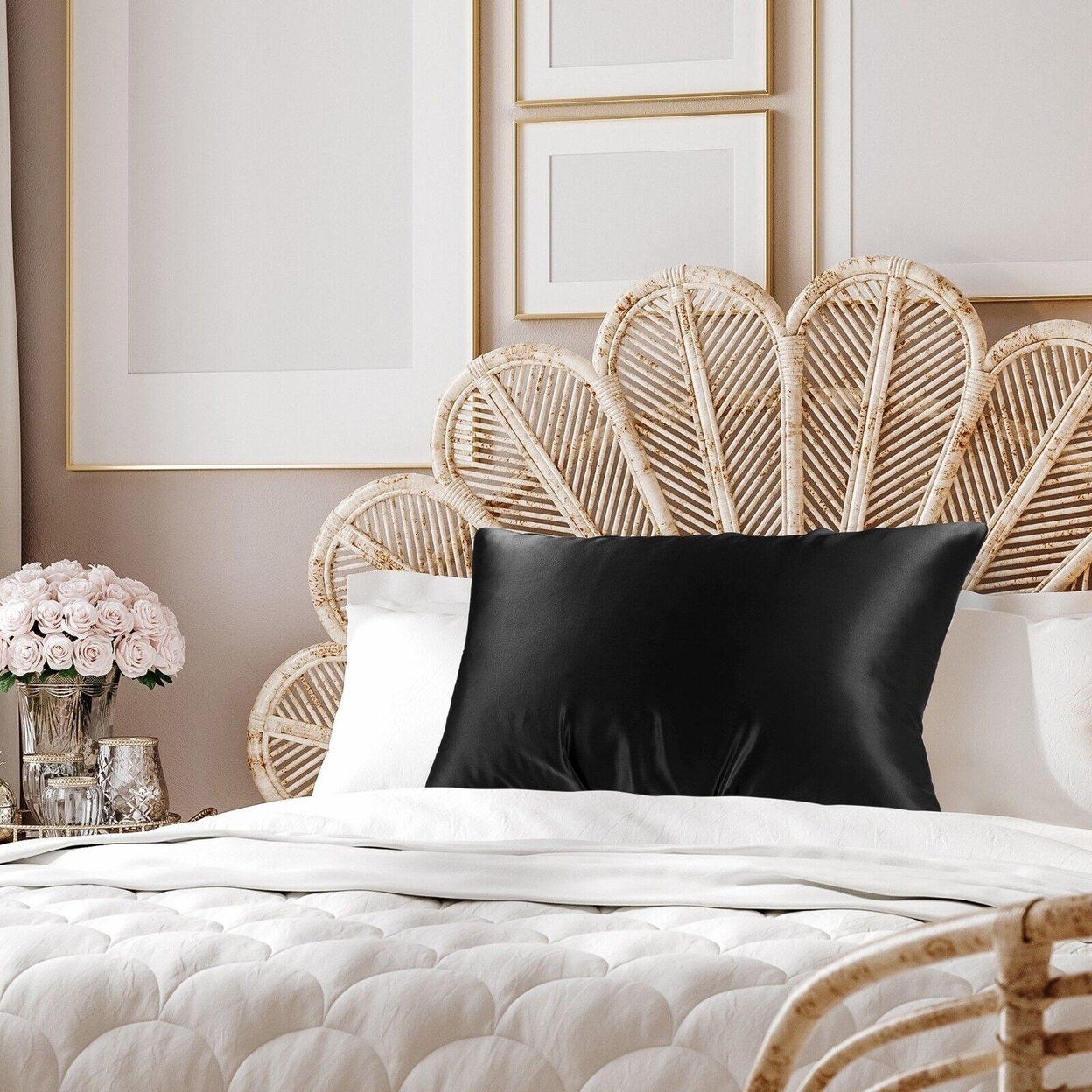 2-Pack Soft Smooth Natural Cooling Zippered Queen Satin Pillow Cover Protectors - Black&gold