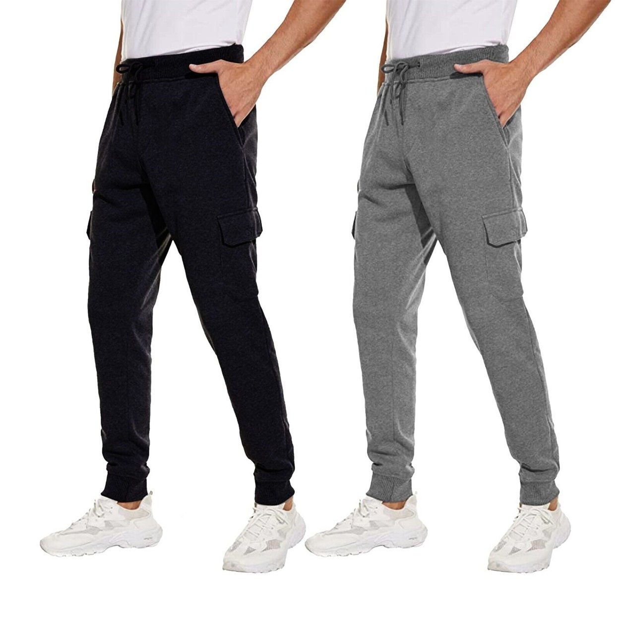 2-Pack Men's Ultra Soft Winter Warm Thick Athletic Sherpa Lined Jogger Pants - Black&grey, Large