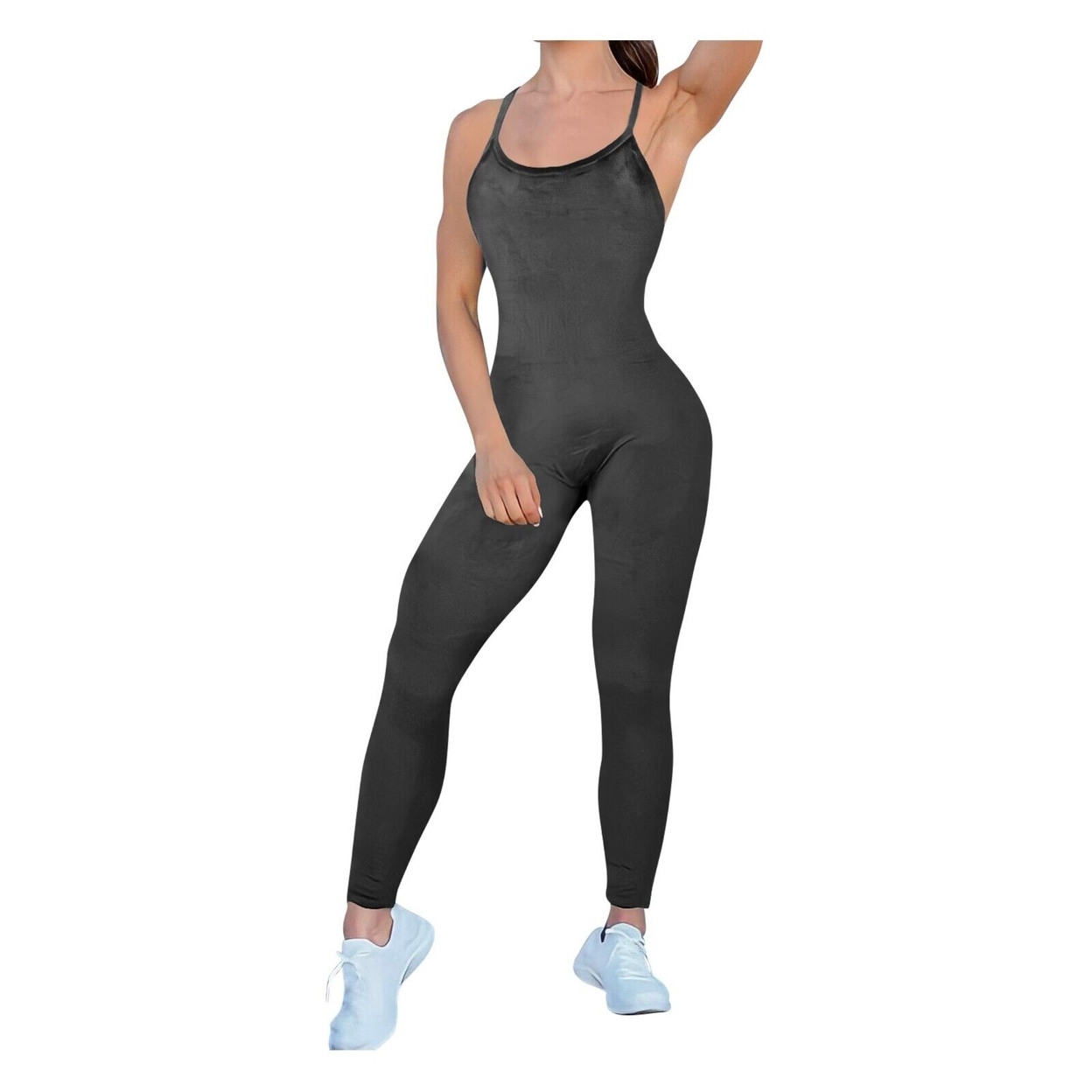 Women Ultra-Soft Comfy Smooth Sleeveless Spaghetti Strap Velvet Body Jumpsuit - Charcoal, Large