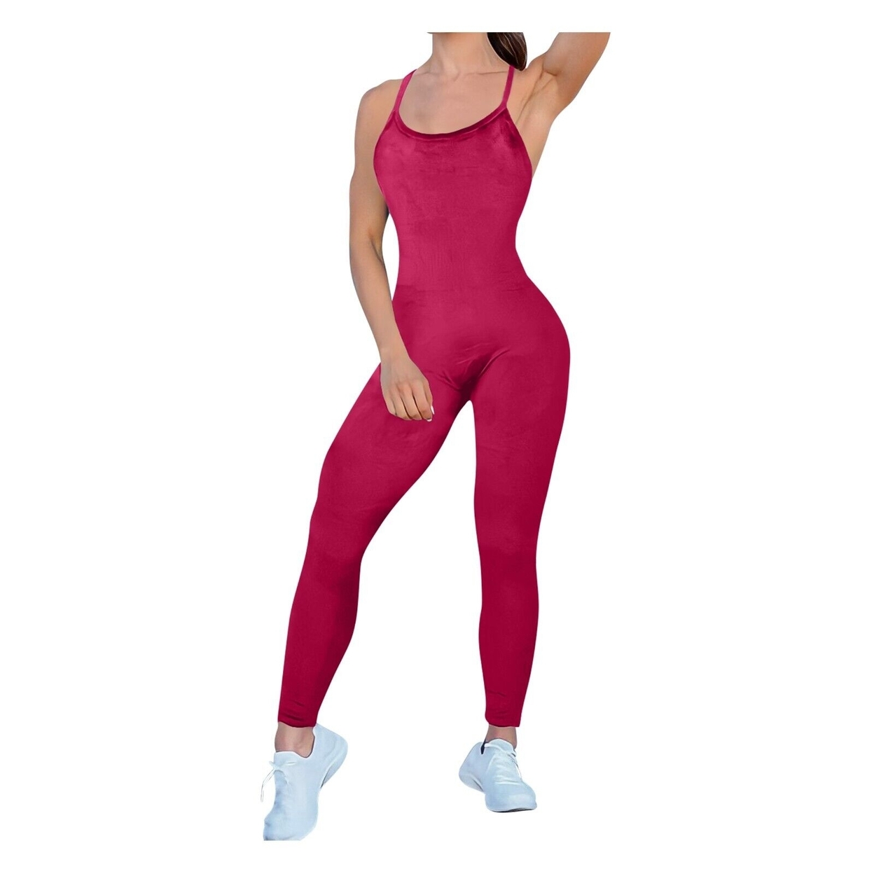 Women Ultra-Soft Comfy Smooth Sleeveless Spaghetti Strap Velvet Body Jumpsuit - Burgundy, Medium