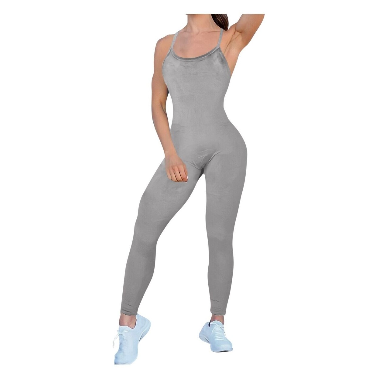 Women Ultra-Soft Comfy Smooth Sleeveless Spaghetti Strap Velvet Body Jumpsuit - Grey, X-large