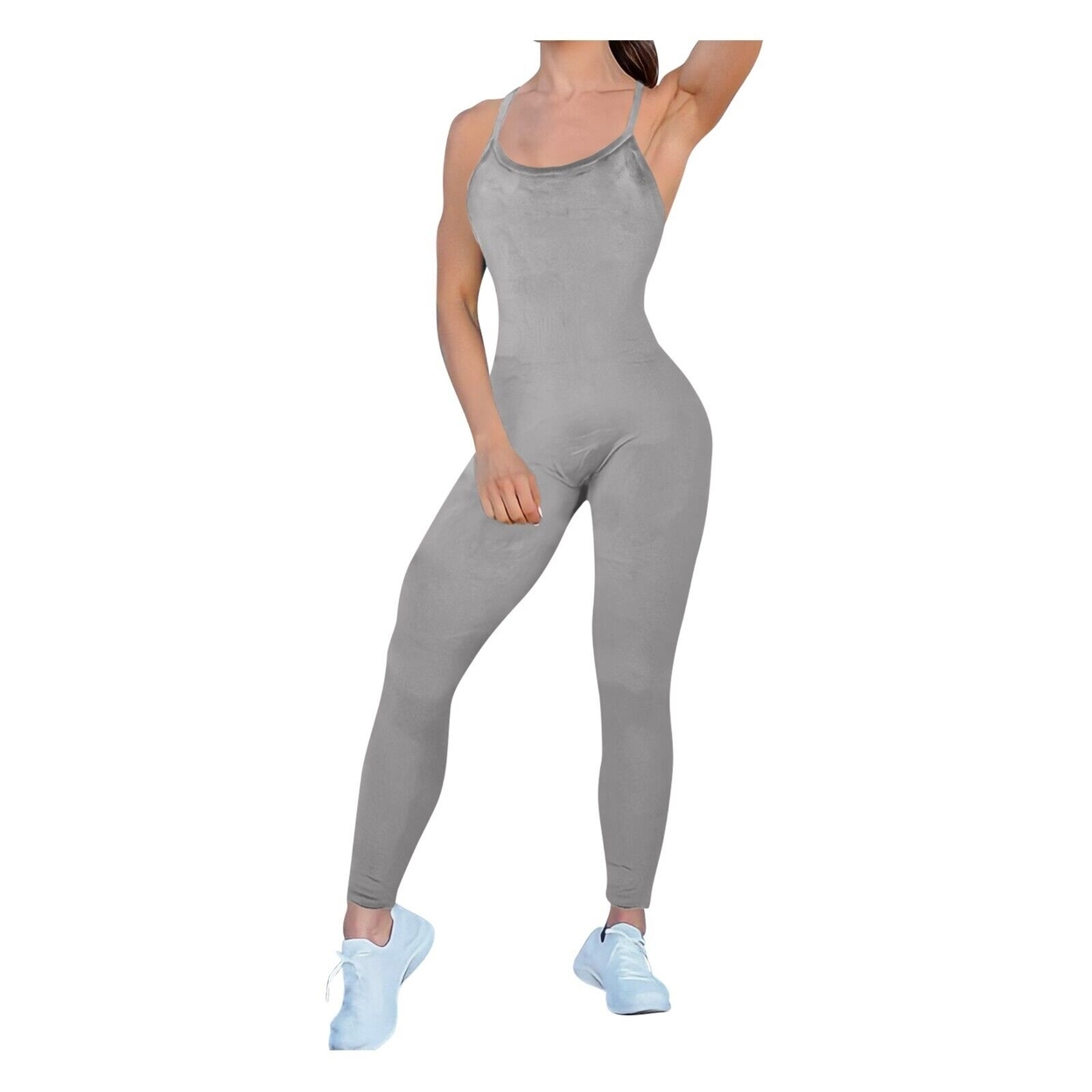 Women Ultra-Soft Comfy Smooth Sleeveless Spaghetti Strap Velvet Body Jumpsuit - Grey, Large