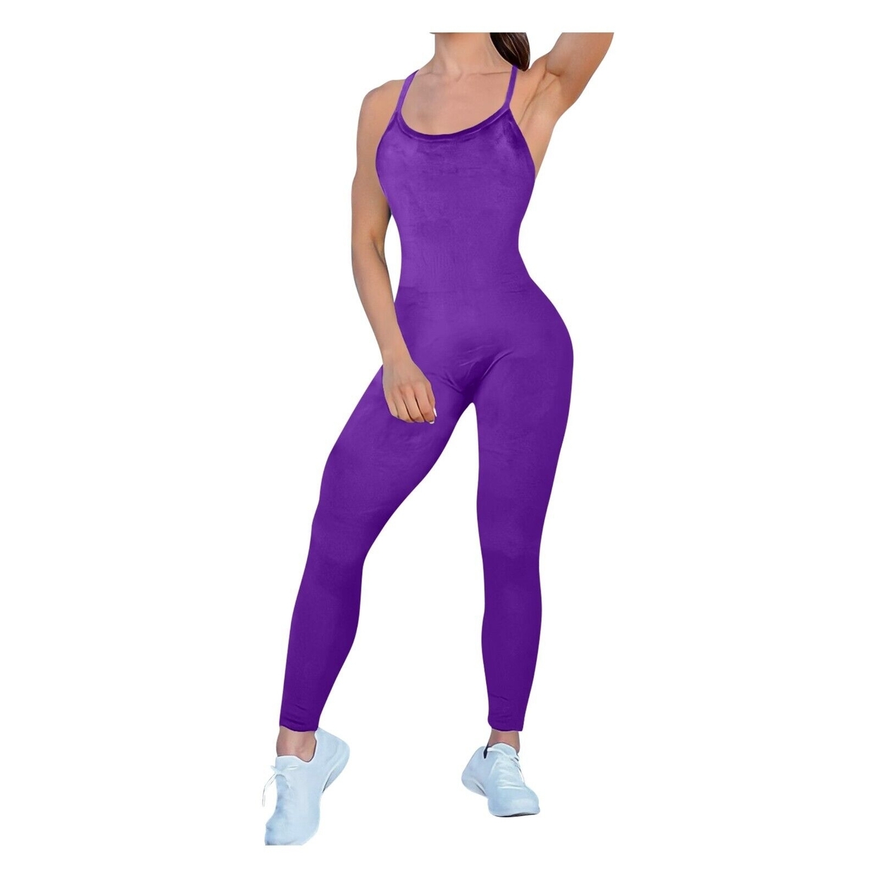 Women Ultra-Soft Comfy Smooth Sleeveless Spaghetti Strap Velvet Body Jumpsuit - Purple, Medium