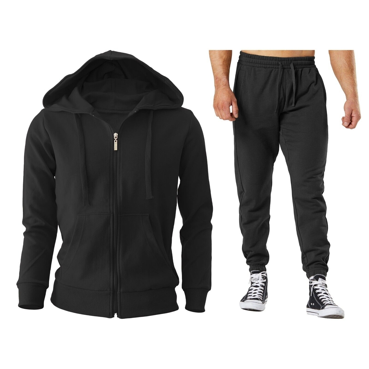 2-Piece: Men's Winter Warm Cozy Athletic Multi-Pockets BIG & TALL Sweatsuit Set - Black, Small