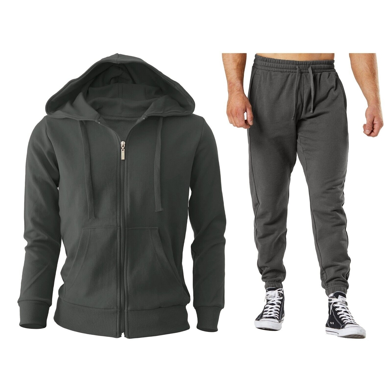 2-Piece: Men's Winter Warm Cozy Athletic Multi-Pockets BIG & TALL Sweatsuit Set - Charcoal, Medium