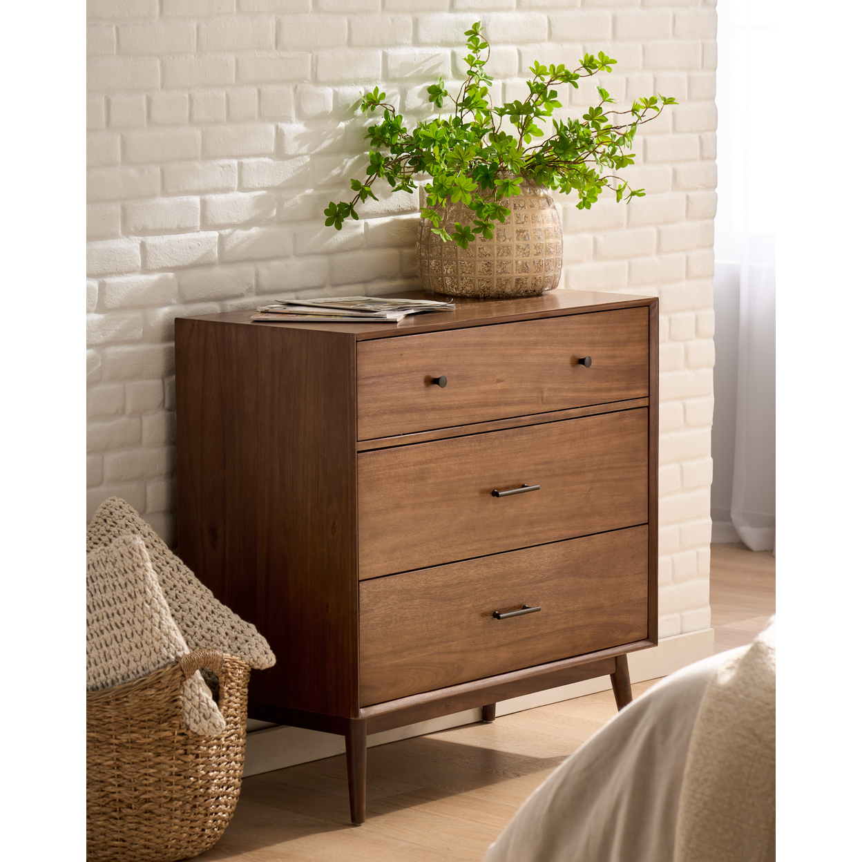 OkiOKi Mid-Century Three Drawer Dresser - Medium Brown