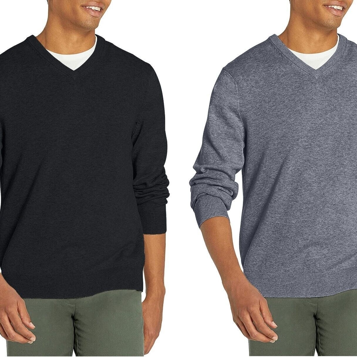 2-Pack Men's Casual Cozy Ultra Soft Slim Fit Warm Knit Pullover V-Neck Sweater - Black&Grey, Large