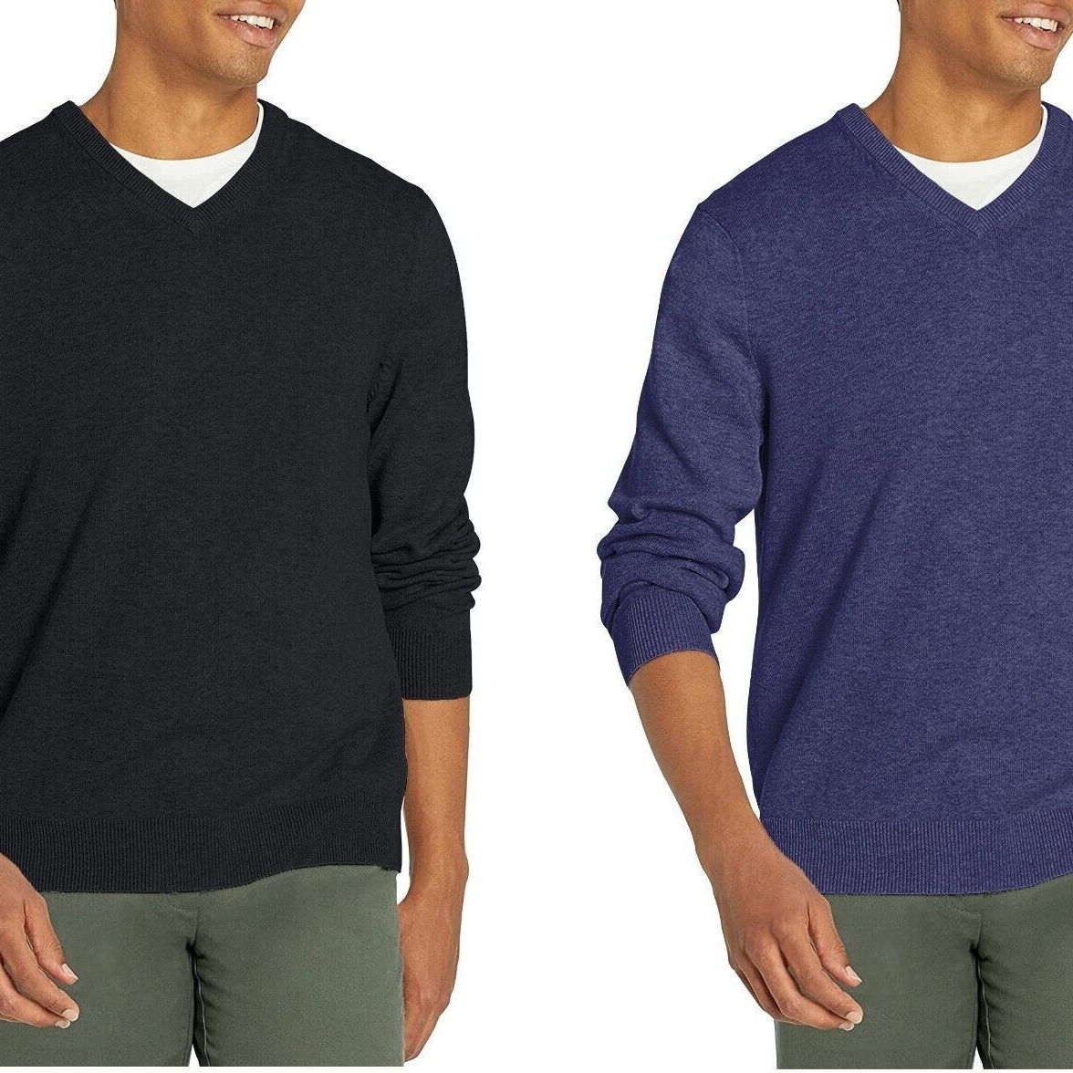 2-Pack Men's Casual Cozy Ultra Soft Slim Fit Warm Knit Pullover V-Neck Sweater - Black&Blue, Medium