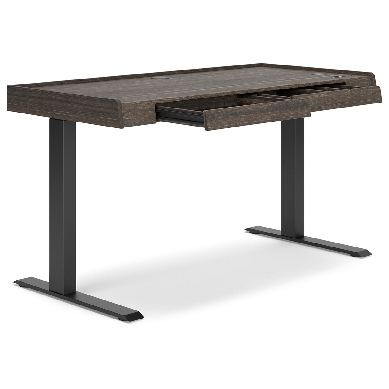 55 Inch Desk, Power Adjustable Height, USB Ports, Wood Grain, Dark Brown - Saltoro Sherpi