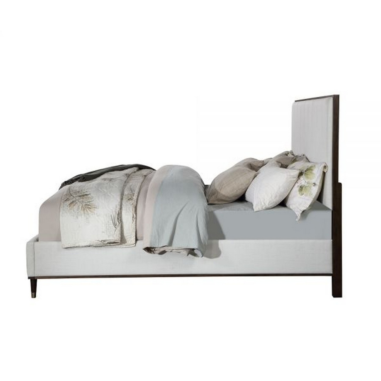 Aren Queen Bed, Light Gray Fabric Upholstery, Crisp White And Smooth Brown -Saltoro Sherpi