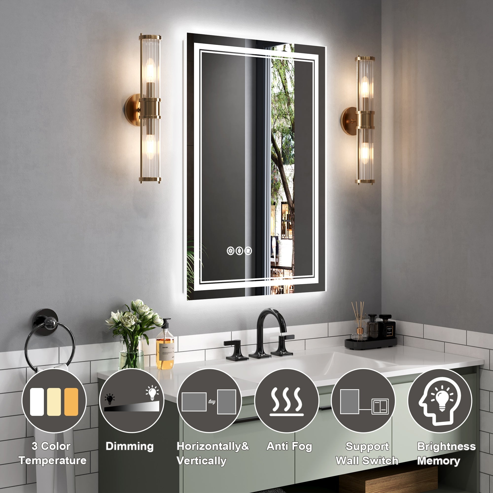 Linea 20 W X 28 H LED Heated Bathroom Mirror,Anti Fog,Dimmable,Front-Lighted And Backlit, Tempered Glass