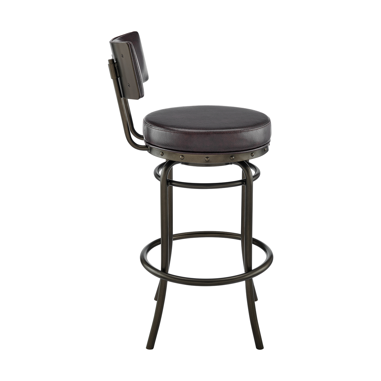 Felicity 30 Inch Round Swivel Bar Stool Chair, Brown Faux Leather Cushions- Saltoro Sherpi