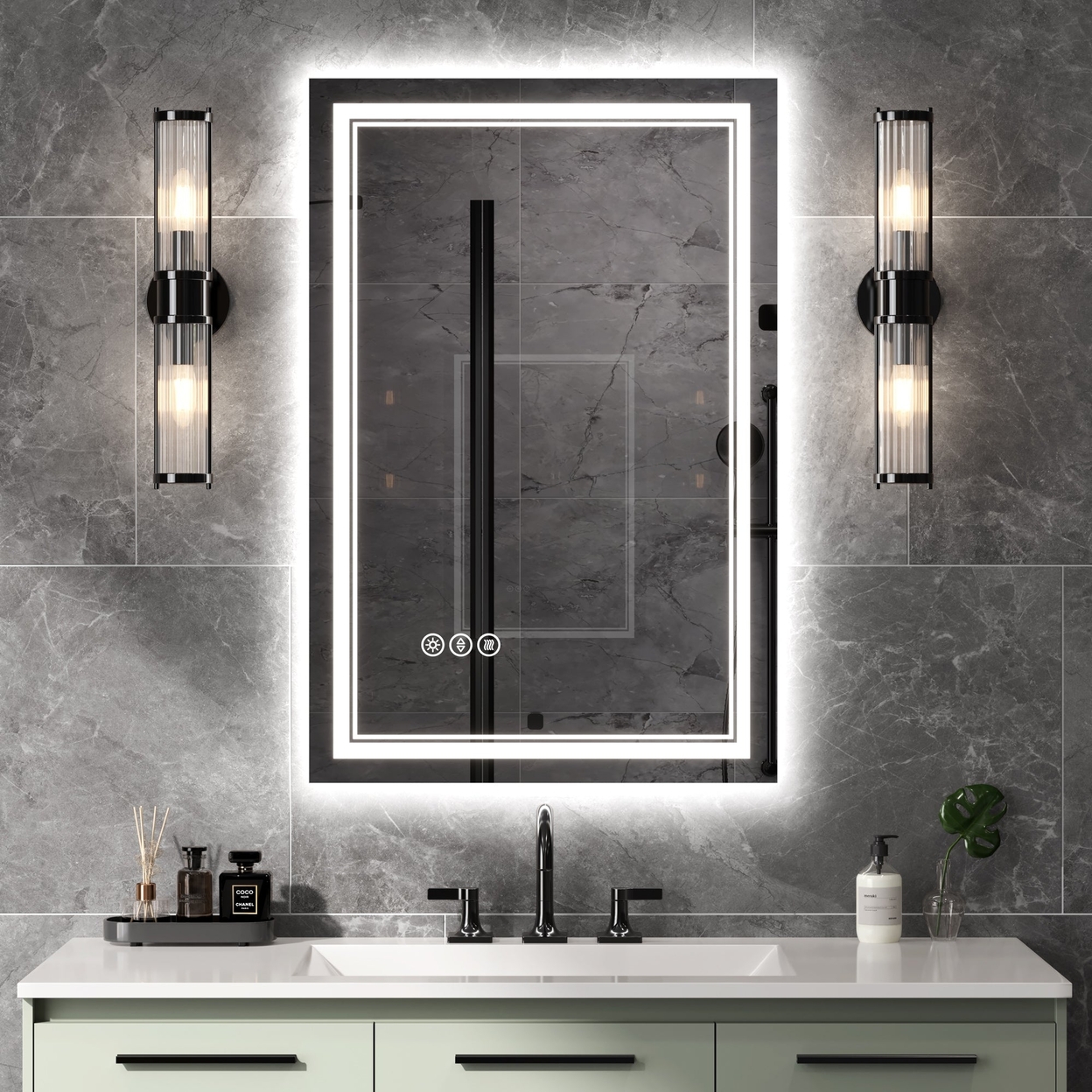 Linea 24 W X 36 H LED Heated Bathroom Mirror,Anti Fog,Dimmable,Front-Lighted And Backlit, Tempered Glass
