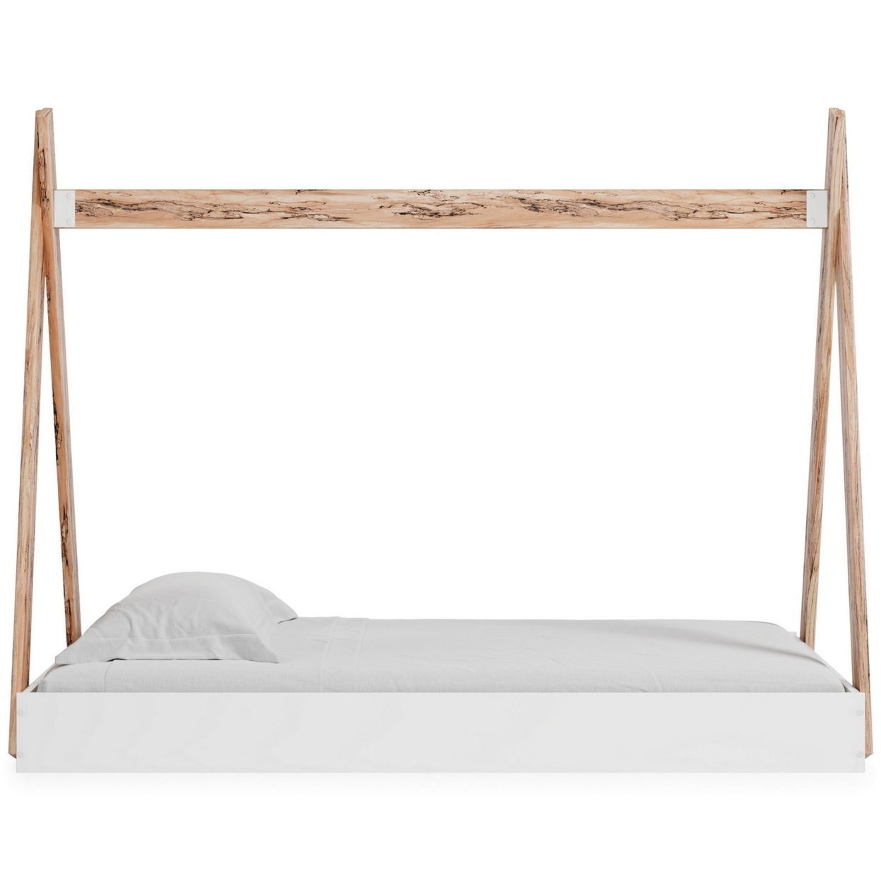 Pipa Modern Twin Size Bed, Crossed Wood A Frame Tent Stand, Pure White Base- Saltoro Sherpi