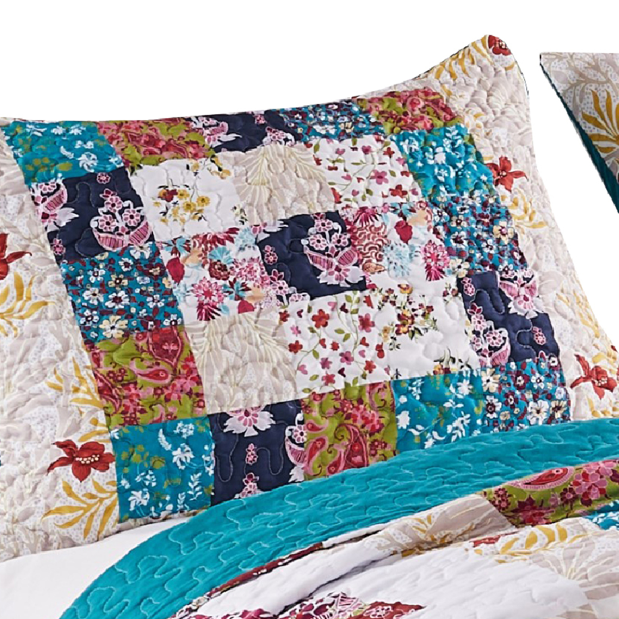 Zay 36 Inch King Pillow Sham, Patchwork Floral Print, Teal Blue Microfiber- Saltoro Sherpi