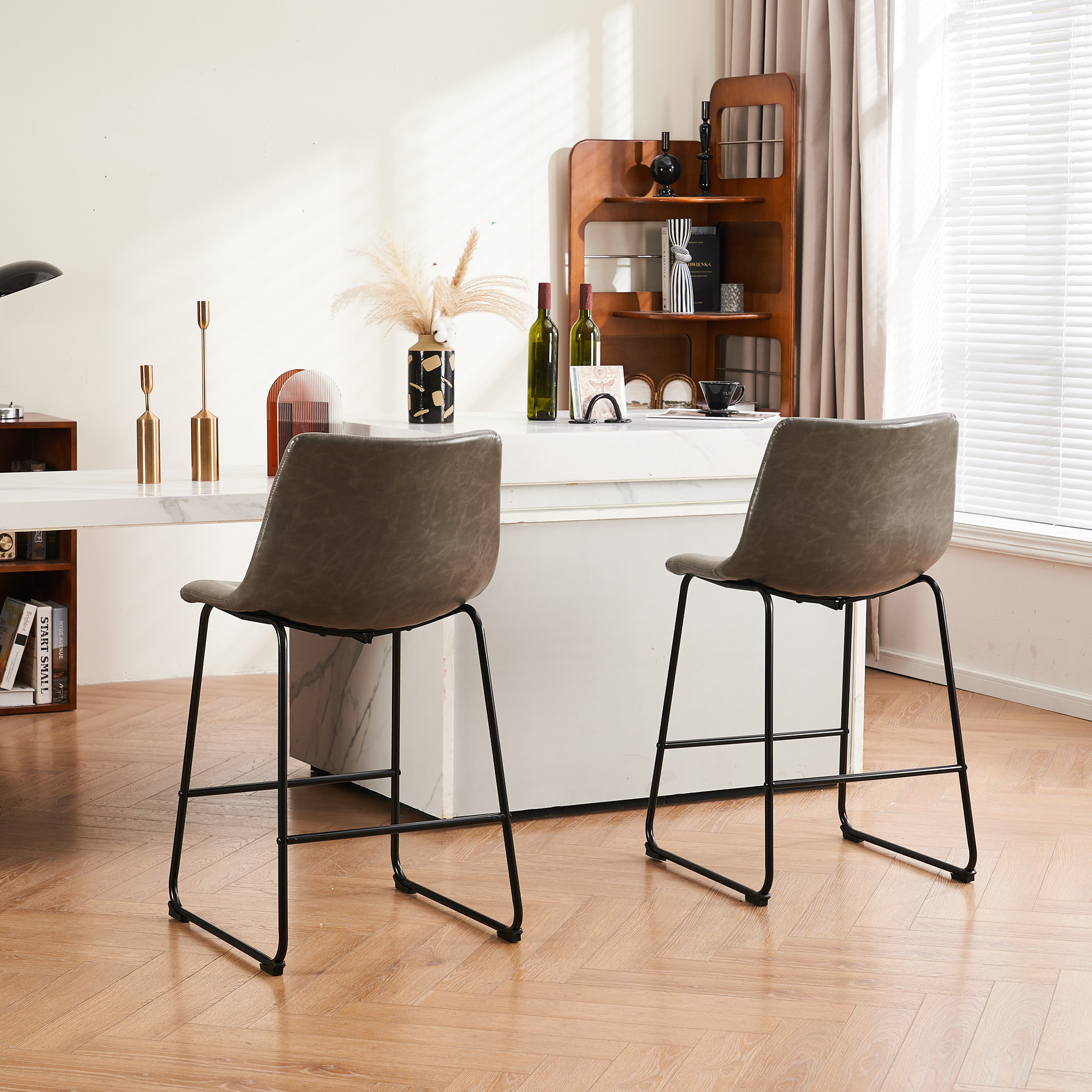 Modern Counter Stool Faux Leather Barstools, Counter Height Bar Stools Set Of 2, 26 Inch Seat Height & 30 Inch Seat Height - 26 Inch