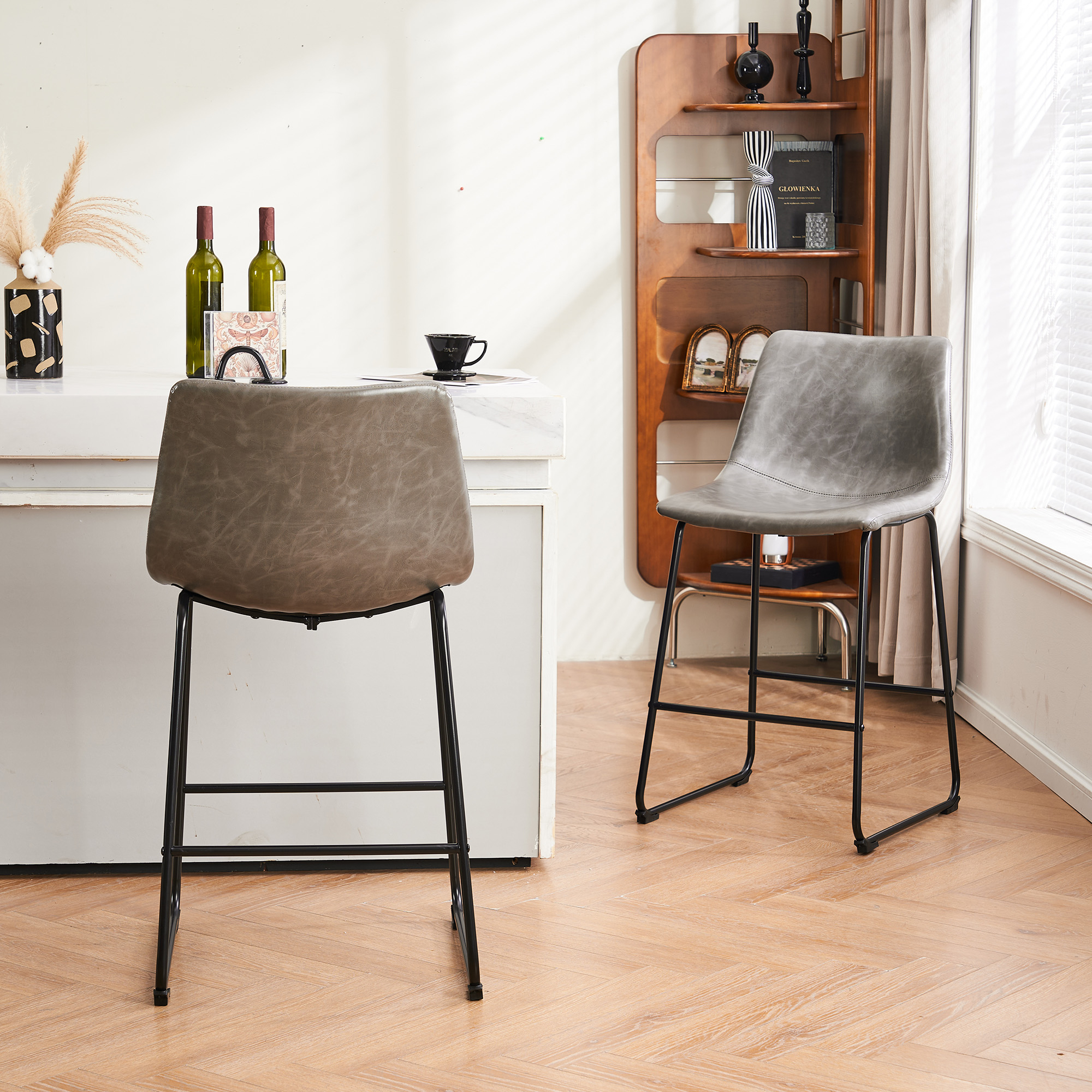 Modern Counter Stool Faux Leather Barstools, Counter Height Bar Stools Set Of 2, 26 Inch Seat Height & 30 Inch Seat Height - 26 Inch