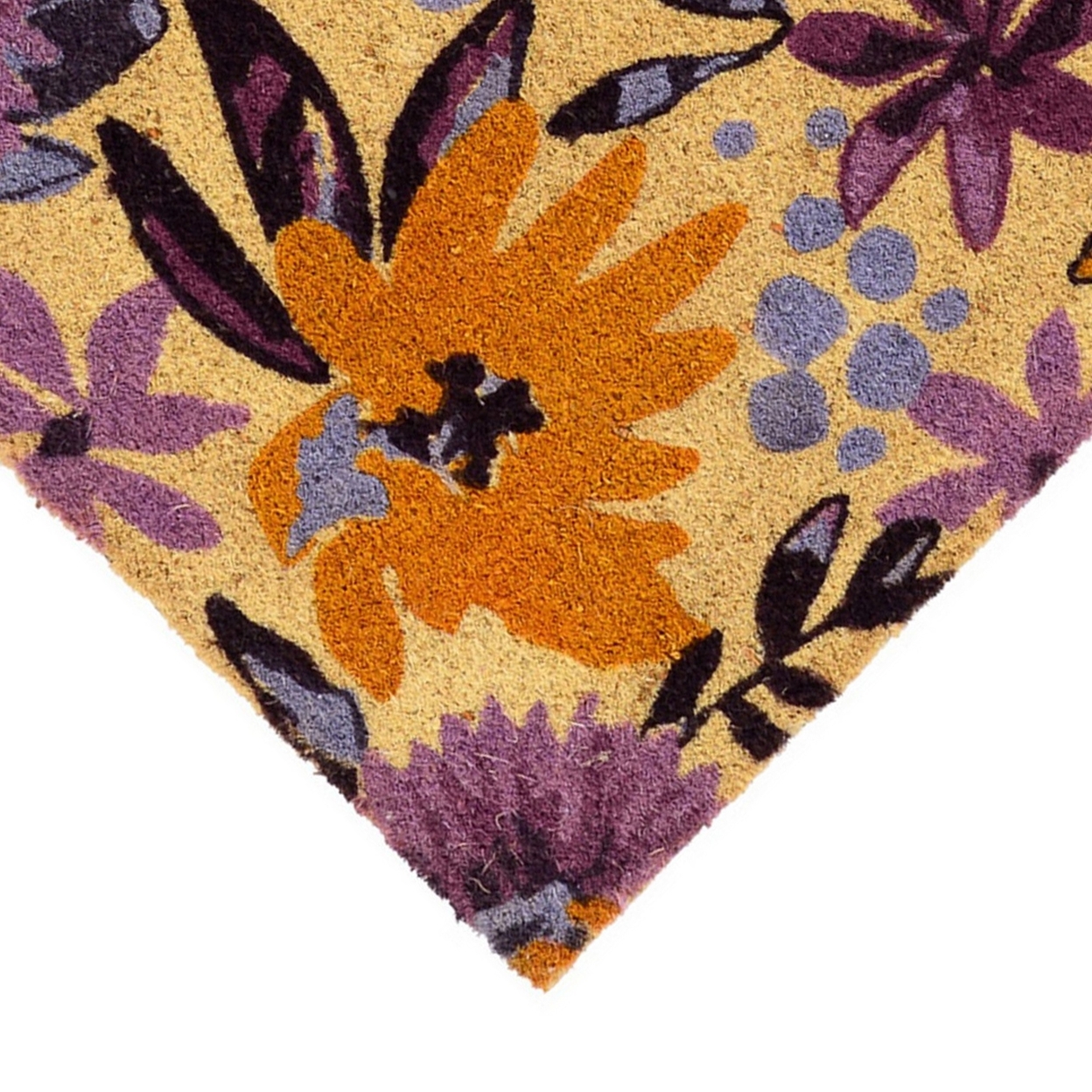 24 X 36 Machine Made Coir Doormat, Fun Purple Floral Print, Ivory Base- Saltoro Sherpi