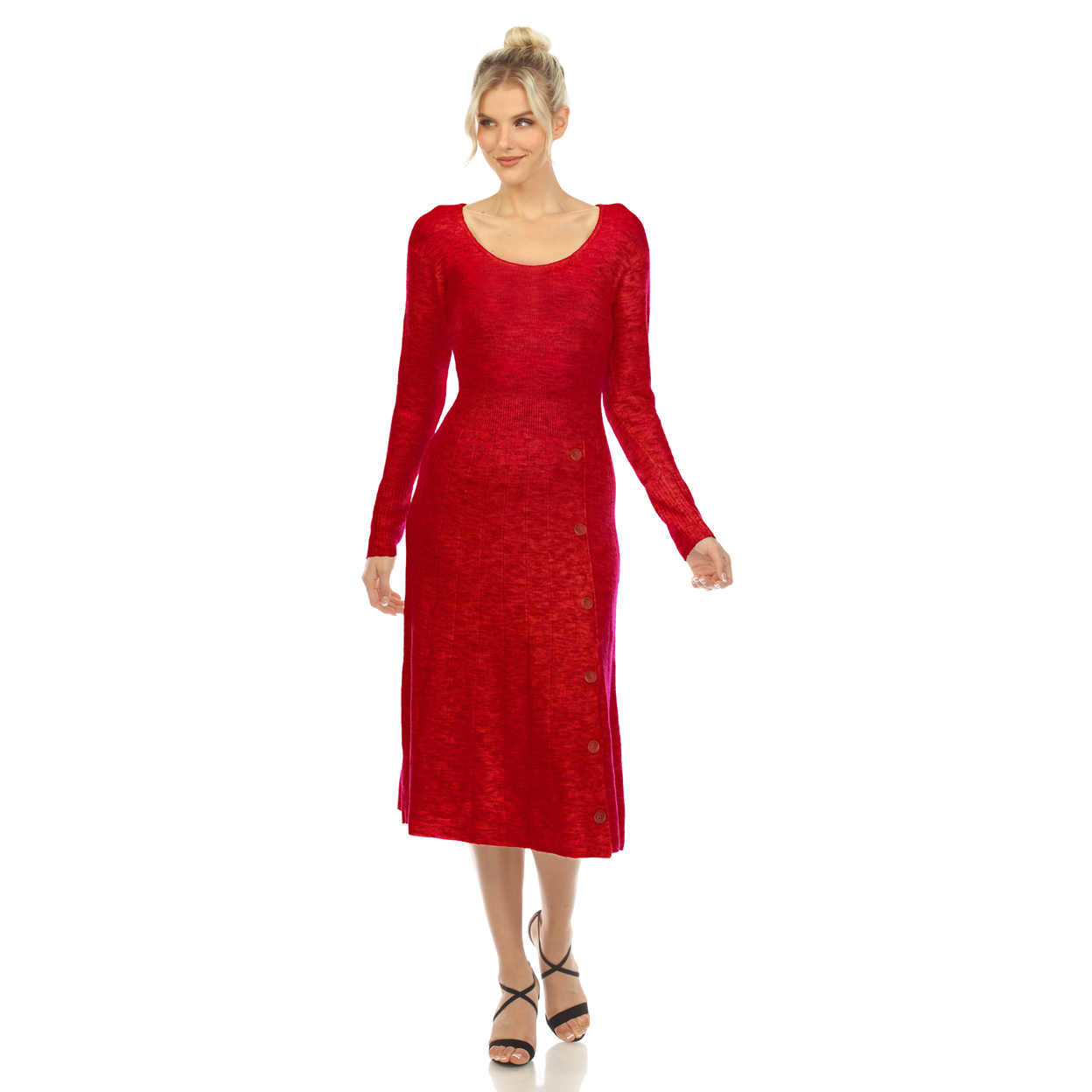 White Mark Women's Long Sleeve Scoop Neck Sweater Midi Dress - Red, X-large