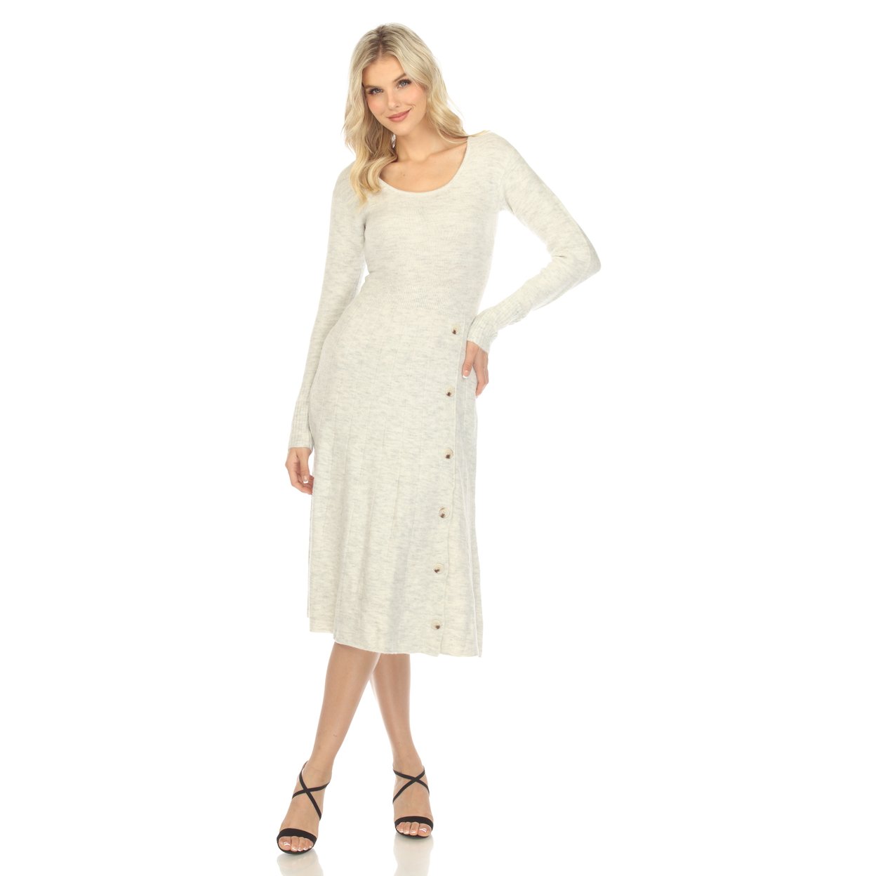 White Mark Women's Long Sleeve Scoop Neck Sweater Midi Dress - Heather Grey, Large