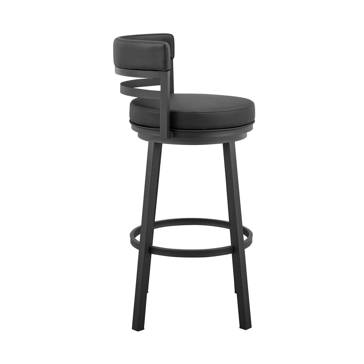 Eva 30 Inch Modern Swivel Bar Stool Chair, Low Back, Black Faux Leather- Saltoro Sherpi